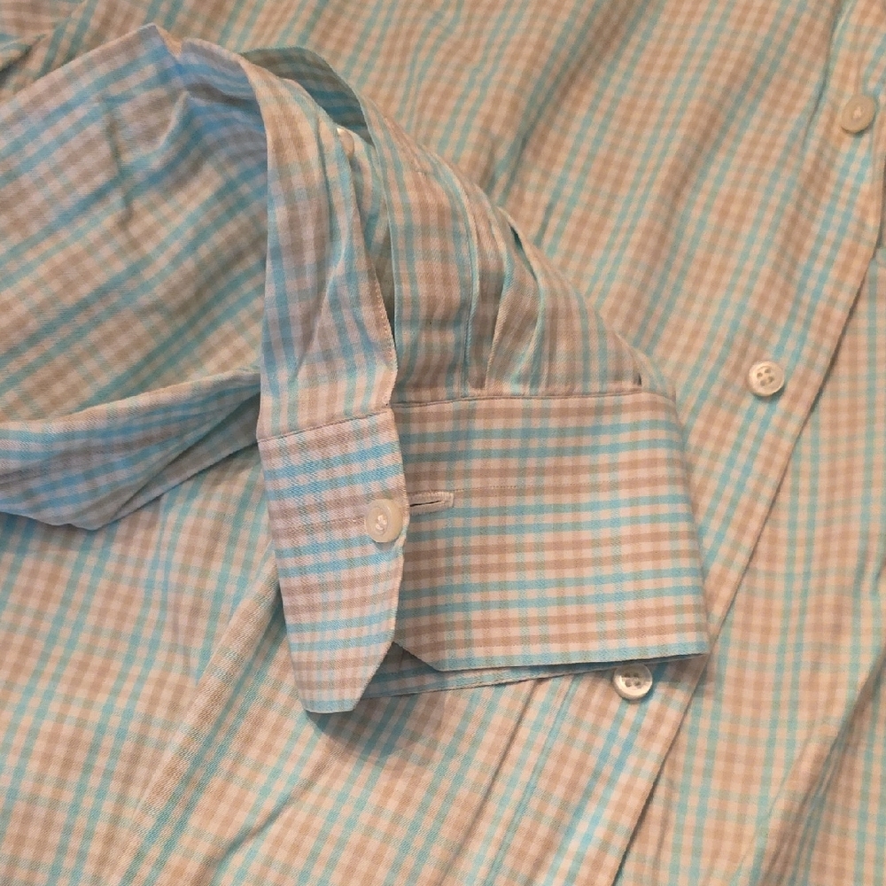 Isaia Men's Aqua and Beige Plaid Shirt - Picture 2 of 7